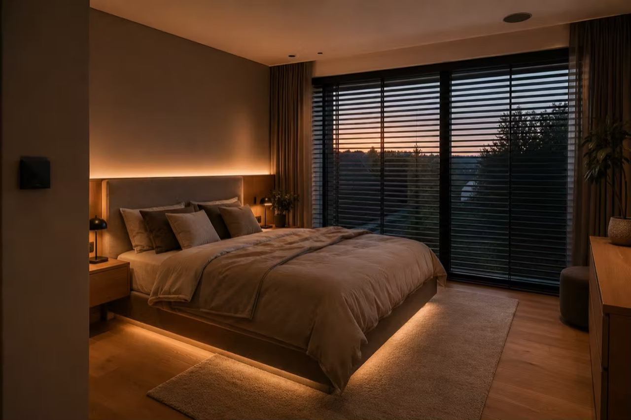 Offener Wohn- und Küchenbereich mit Smart-Home-Beleuchtung am Abend