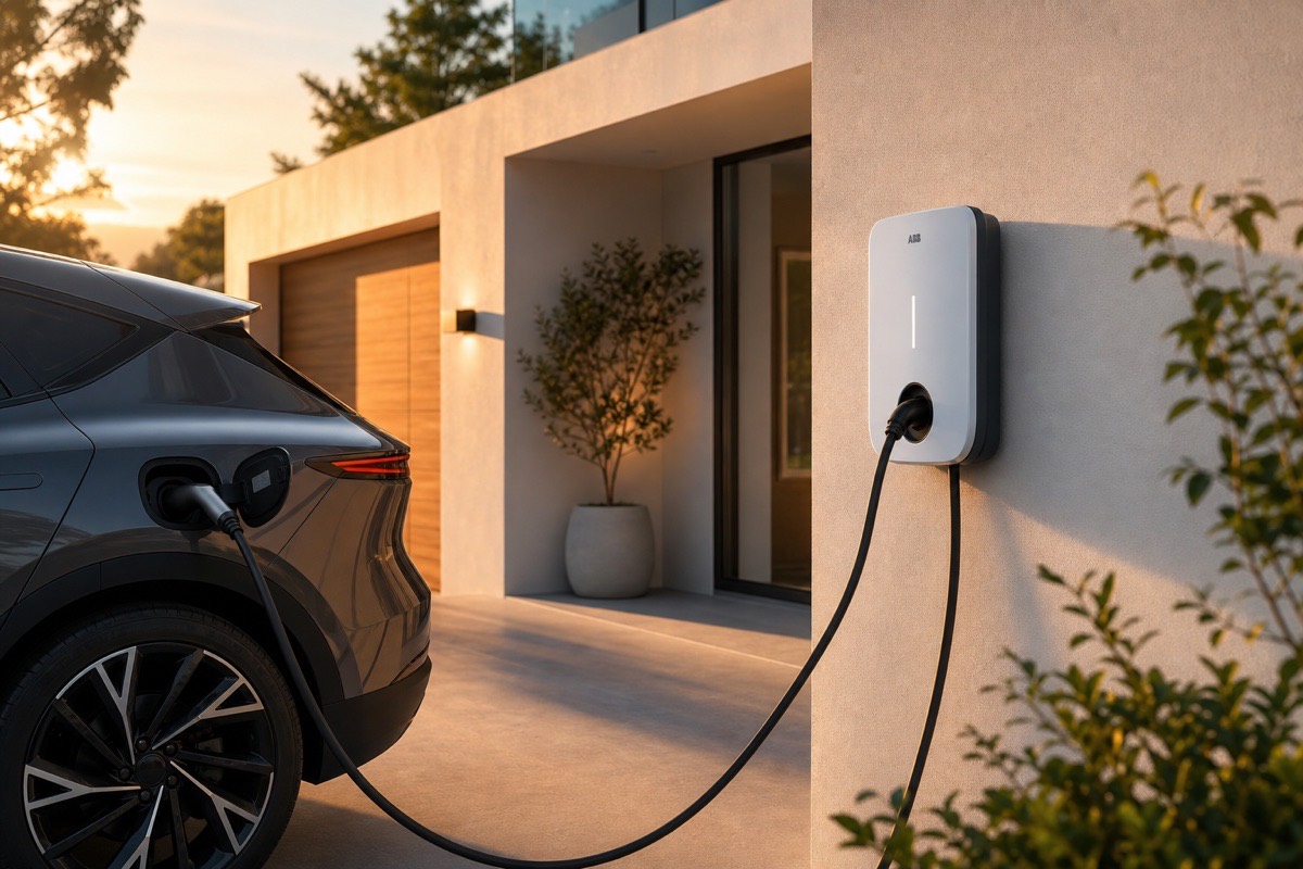Wallbox-Ladestation für ein Elektroauto an einer Hauswand